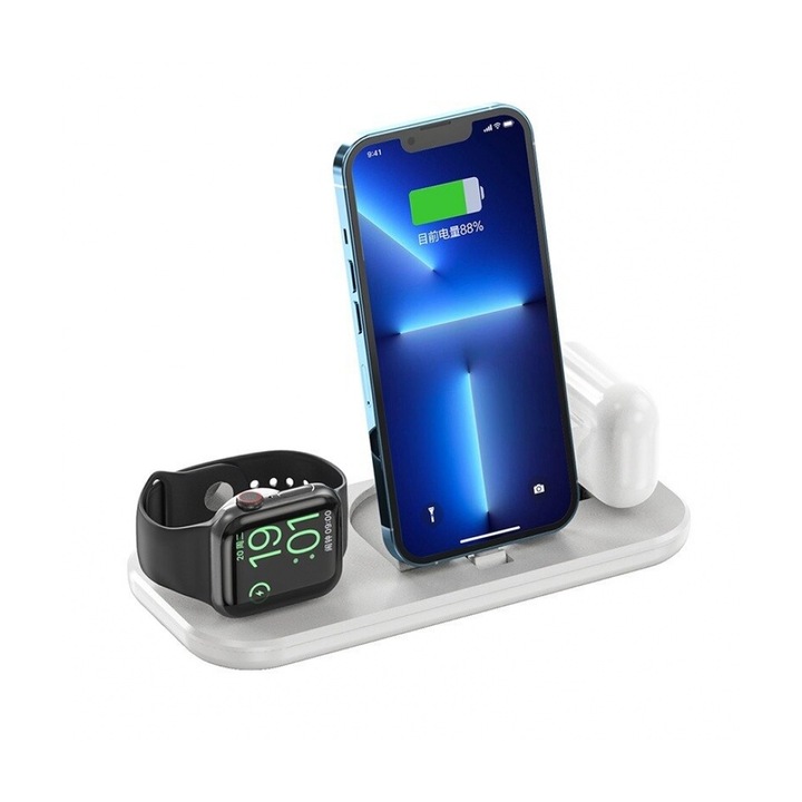 W43 vezeték nélküli töltő okostelefonokhoz, fejhallgatókhoz és okosórákhoz, 3 az 1-ben, 1-től 3 W-ig, Type-C, fehér