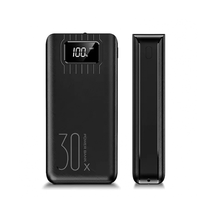 Hordozható akkumulátor HS11-177, 30000 mAh, PoweBank, LED zseblámpa, Kijelző, Gyorstöltés, Fekete