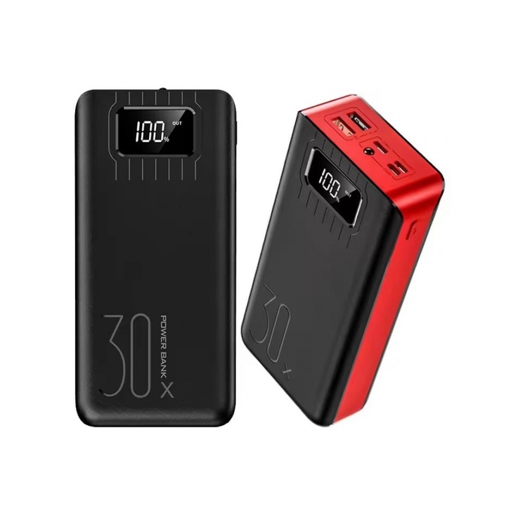 Hordozható akkumulátor HS11-177, 30000 mAh, PoweBank, LED zseblámpa, kijelző, gyorstöltés, piros