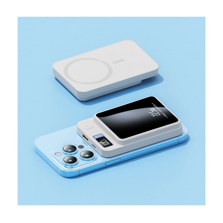 Hordozható akkumulátor IS-Y211, 10000 mAh, HD kijelző, PowerBank, Akár 3 eszköz, Gyors töltés 22,5 W, Fehér