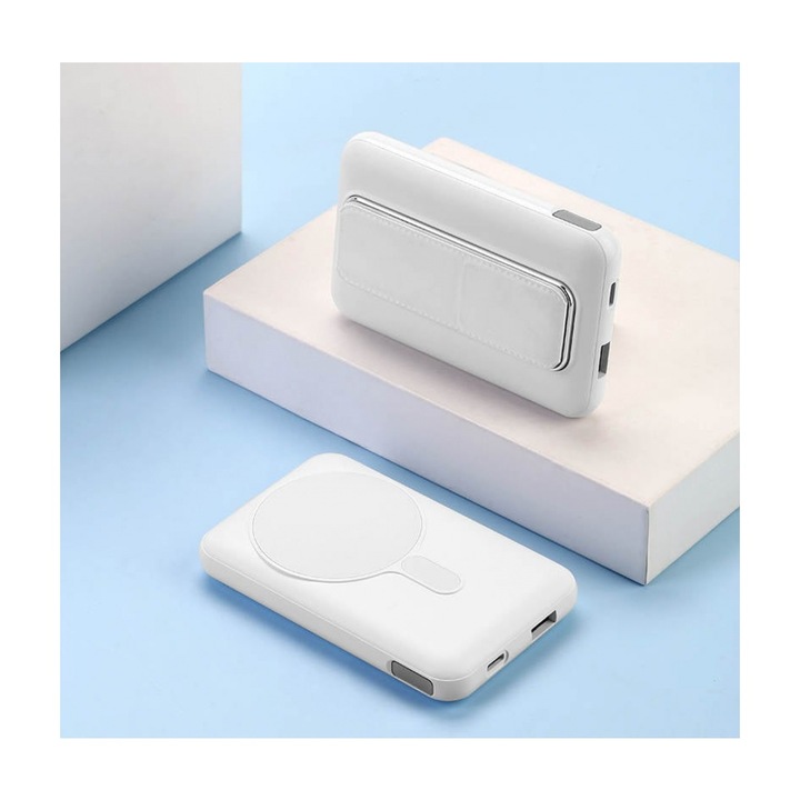 Hordozható akkumulátor IS-CK103, 10000 mAh, PowerBank, Gyorstöltés 22,5 W, Vezeték nélküli töltés, USB portok, Fehér