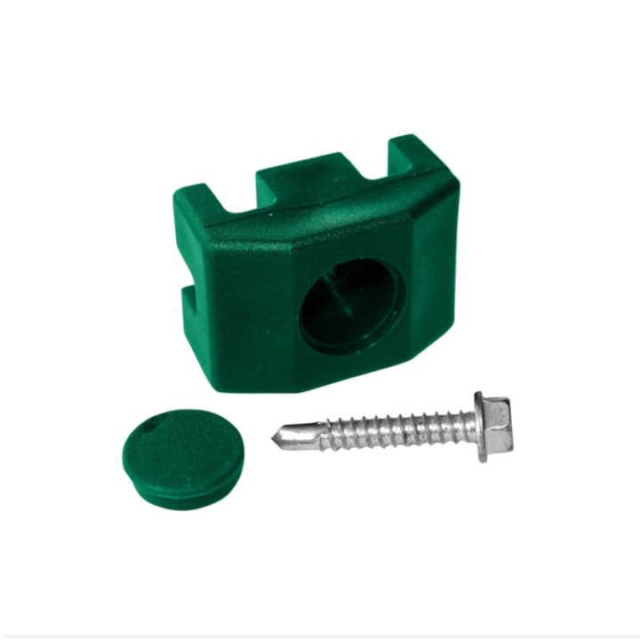 Set 4 buc Clema plastic pt gard 30x40 cu surub autoforant 5.5 x 32 mm, Verde RAL6005
