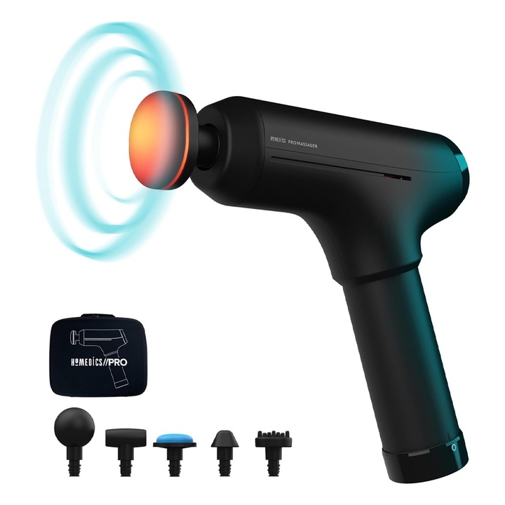 Професионален мускулен масажор Pro Physio 7153736 20-12, 6 масажни глави и нива на интензивност, Калъф за съхранение, Черен