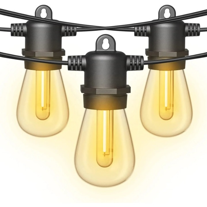 Ghirlanda Luminoasa 15 M cu cap rotund, 15 Becuri LED si 2 becuri rezerva, Cablu negru, Lumina calda, Interior/Exterior