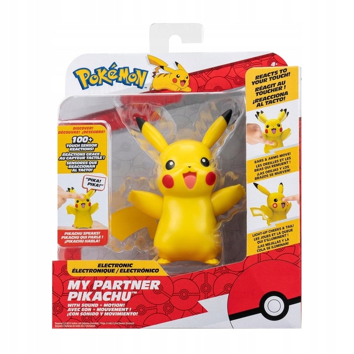 Figurina interactiva Jazwares, Pokemon My Partner Pikachu, lumini si sunete, 10cm, pentru copii peste 4 ani