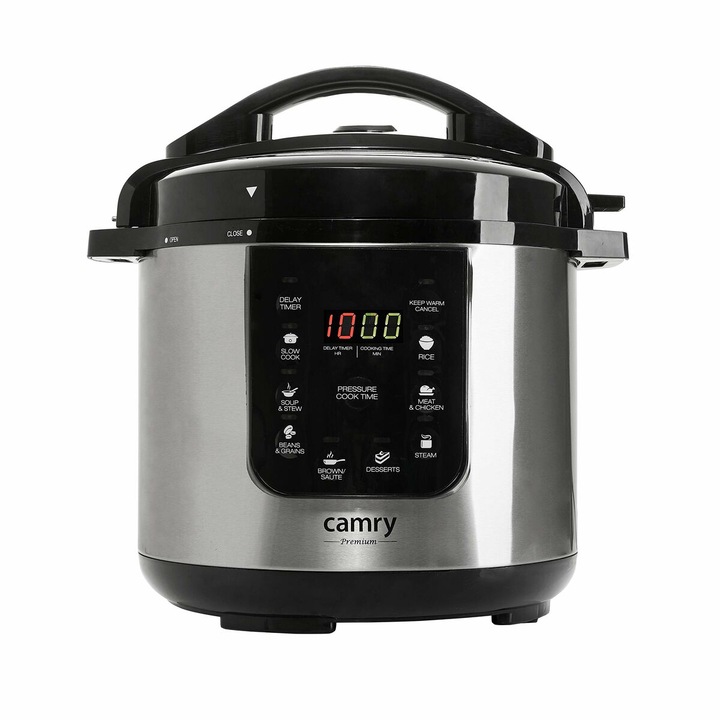 Oala Sub Presiune Electrica, Camry, Cr6409, Capacitate 6 Litri, Putere Maxima 1500 W, 8 Functii De Preparare A Alimentelor, Functie De Pornire Intarziata, 34 x 30 x 5.1 Kg, Argintiu