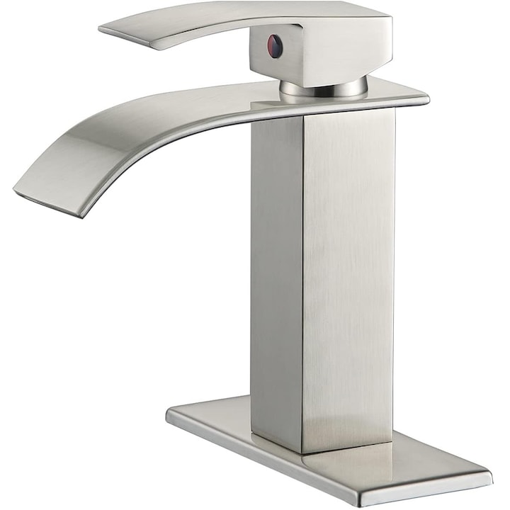 Смесител за мивка тип водопад за баня, кухня, една дръжка, монтажна плоча, месинг, полиран никел