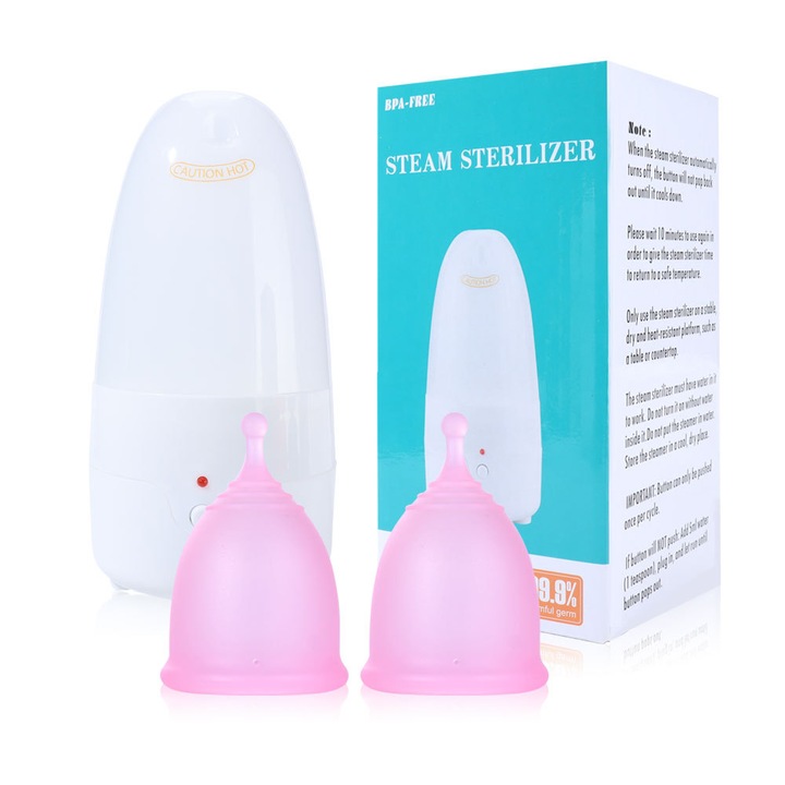 Set igiena menstruala 3 in 1, sterilizator electric, 2 cupe menstruale din silicon medical, reutilizabila, marimea S/L, Roz