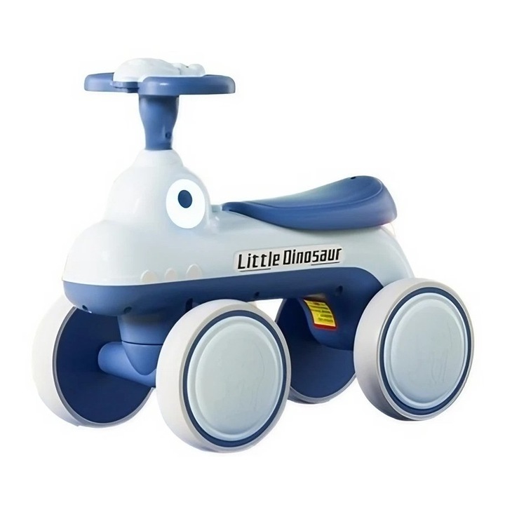 Bicicleta pentru copii fara pedale, din plastic rezistent, cu muzica si lumini, model dinozaur, 50 cm, Albastru, Avaleea