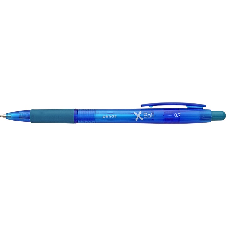 Pix PENAC X Ball, rubber grip, 0.7mm, clema plastic, corp transparent albastru, scriere albastra