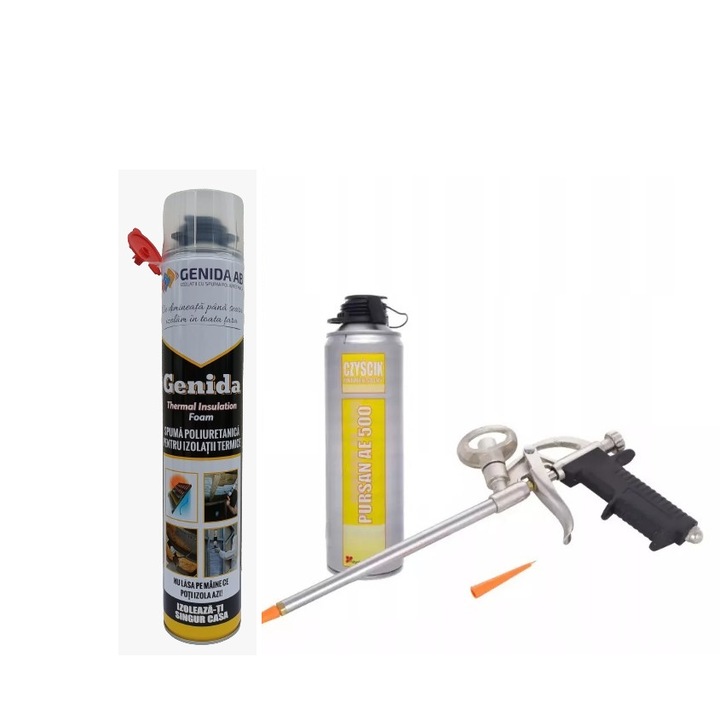 Set Spuma poliuretanica pentru izolatii termice Genida Foam + 1 pistol + 1 cleaner