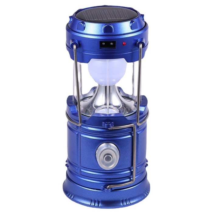 Соларен и USB LED фенер, прибиращ се, водоустойчив, мултифункционален, син, 18x12.5cm