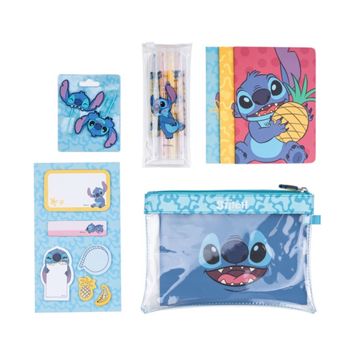 Disney Stitch Tropical írókészlet, 3 db A6-os füzet, 4 db különböző színű marker, 2 db gemkapocs felsővel, csomag cetlik és egy átlátszó hordtáska