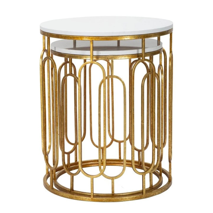 Set 2 masute auxiliare carrara alb/auriu din metal, ∅ 46 - ∅ 39 cm, Marble Mauro Ferretti