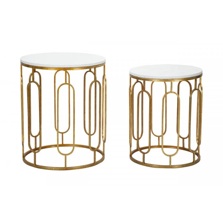 Комплект 2 помощни маси Marble Mauro Ferretti, Метал, Бял/Златист, ∅ 46 - ∅ 39 см