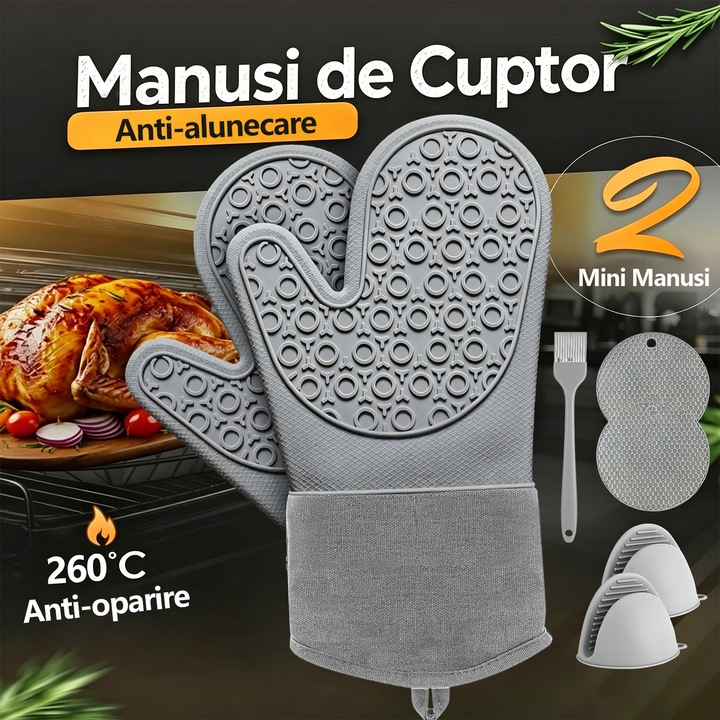 Set 7 Manusi de Cuptor, BYONDSELF®, cu 2 Mini Manusi, 2 Placemat, Anti-alunecare si Anti-oparire, Design cu Snur, Bumbac/Silicon, Gri