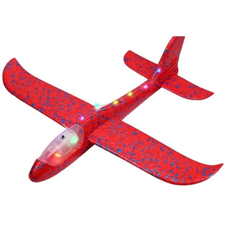 Avion planor din polistiren, cu lumini pe toata lungimea, 47 cm, Distanta de planare de pana la 20 de metri, Rosu, Avaleea