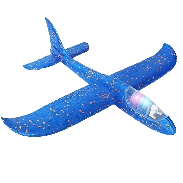 Avion planor cu pilot, polistiren, cu lumini in cabina pilotului, lungime 47 cm, Albastru, Avaleea