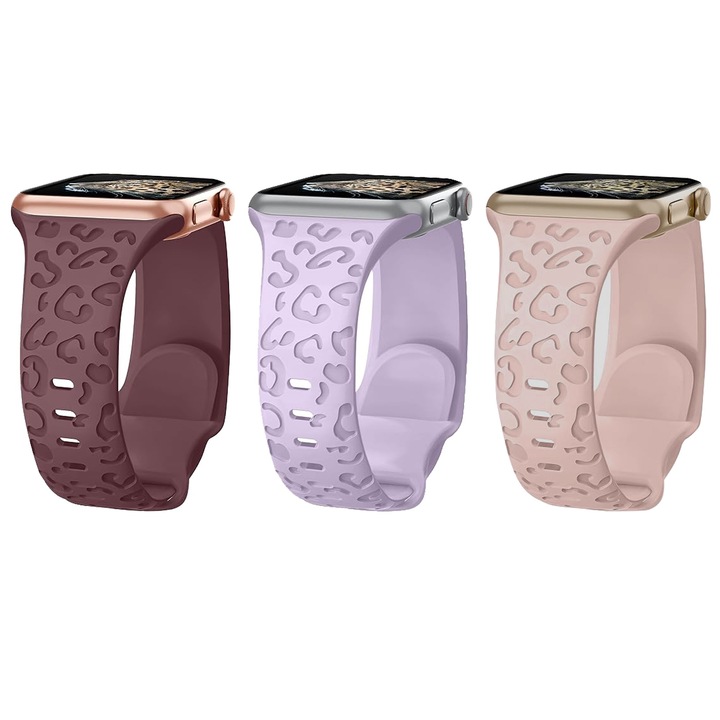 Set 3 Curea ceas Silicon SAFEMORE, Compatibil cu Apple Watch 1/2/3/4/5/6/7/8/9/SE/Ultra/Ultra2, 42/44/45/49mm, Violet deschis/Violet/Roz