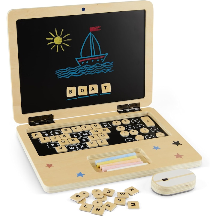 Laptop din Lemn pentru Copii Stil Montessori JuniorTECH KinderVibe™ Multifunctional, 41 de Taste Magnetice, Mouse 2in1 Functie Guma de Sters, Creta 5 Culori, Litere, Cifre, Simboluri Matematice, Educational, Fara Margini Ascutite, Portabil, Wood