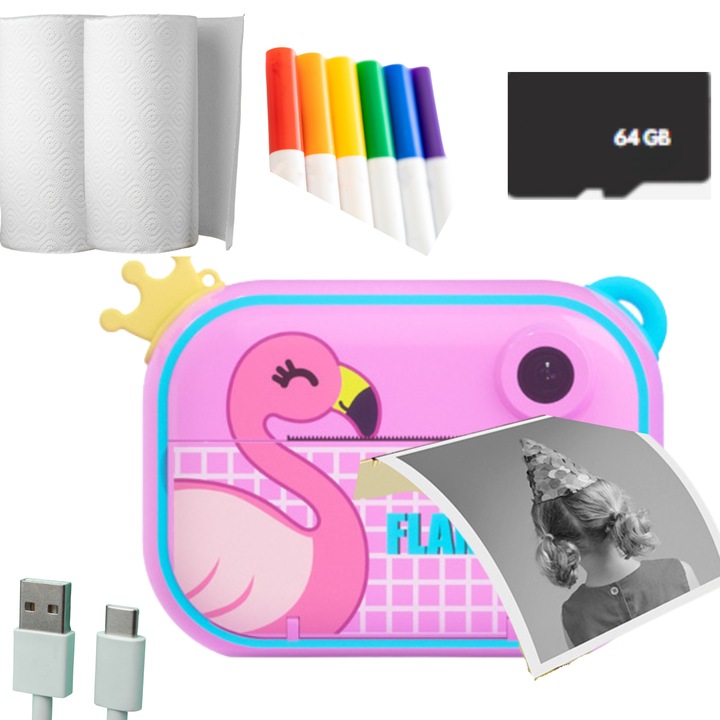 Aparat Foto Copii, Printare Instant, HD 1080P, Wifi, Card Memorie 64 GB, 2 Role Termice, Ecran IPS, 1 Set Carioci, Cablu USB, SMARTGADGETS C&A, Flamingo