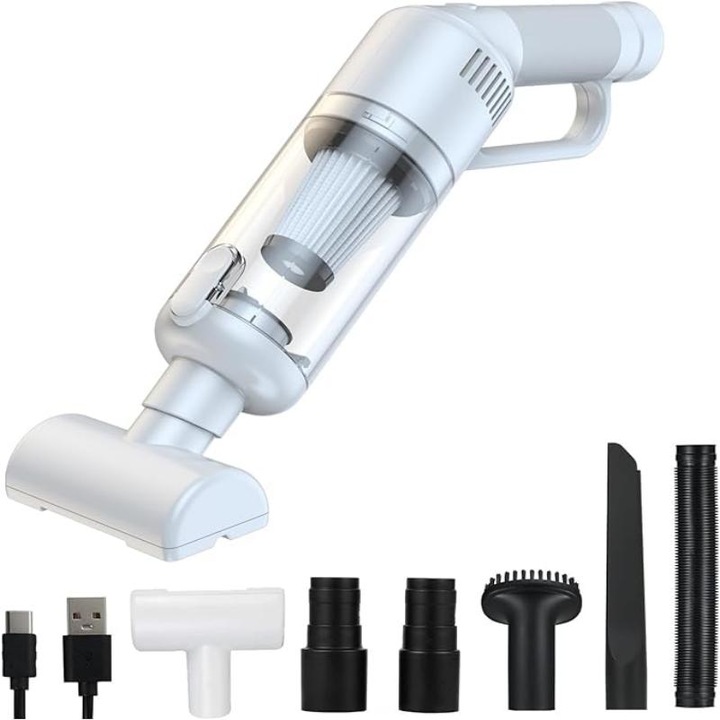 Aspirator auto portabil, 10000Pa, cu accesorii, baterie 2x2200mAh, incarcare rapida USB-C, 20-25min autonomie, filtru HEPA, 450L recipient praf transparent, zgomot redus