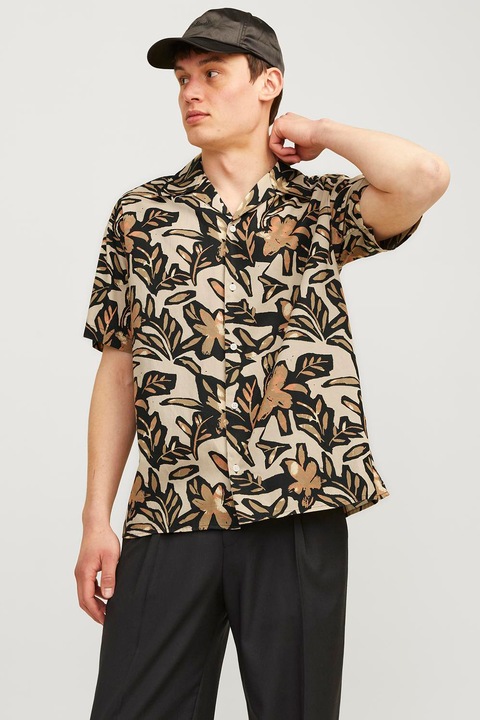 Jack & Jones, Bő fazonú lyocell és pamut ing, Fekete/Homokbarna, S