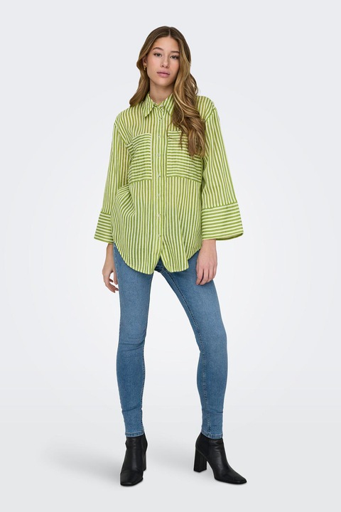 JdY, Bő fazonú csíkos pamuttartalmú ing, Csontszín/Limezöld