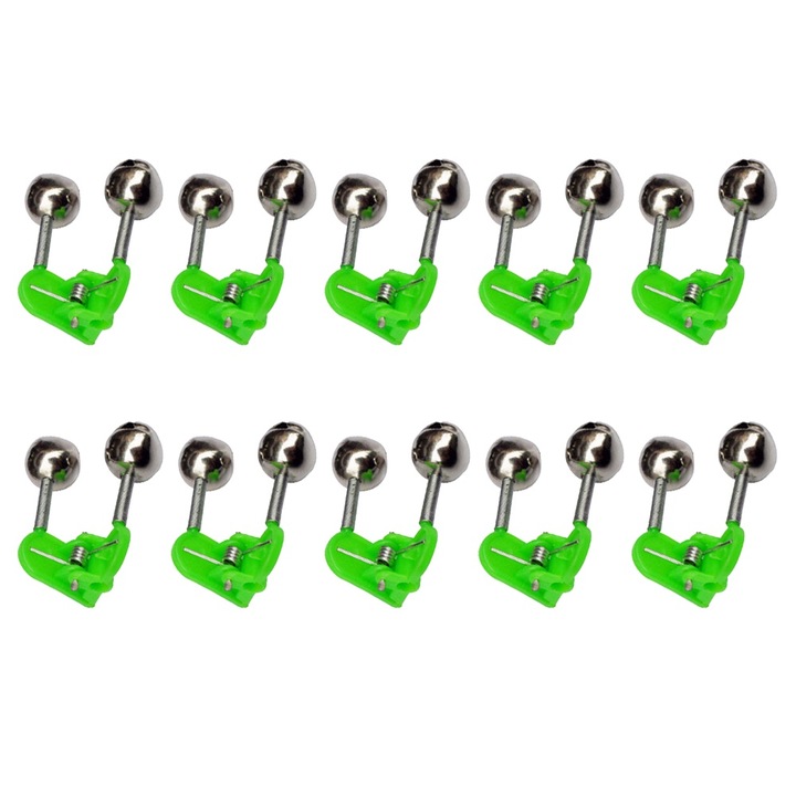 Set 10 Clopotei alarma pentru pescuit nocturn, QttvbTna, Plastic / Metal, Sensibil, Usor de utilizat, 3.6 x 4.6 cm, Argintiu / Verde
