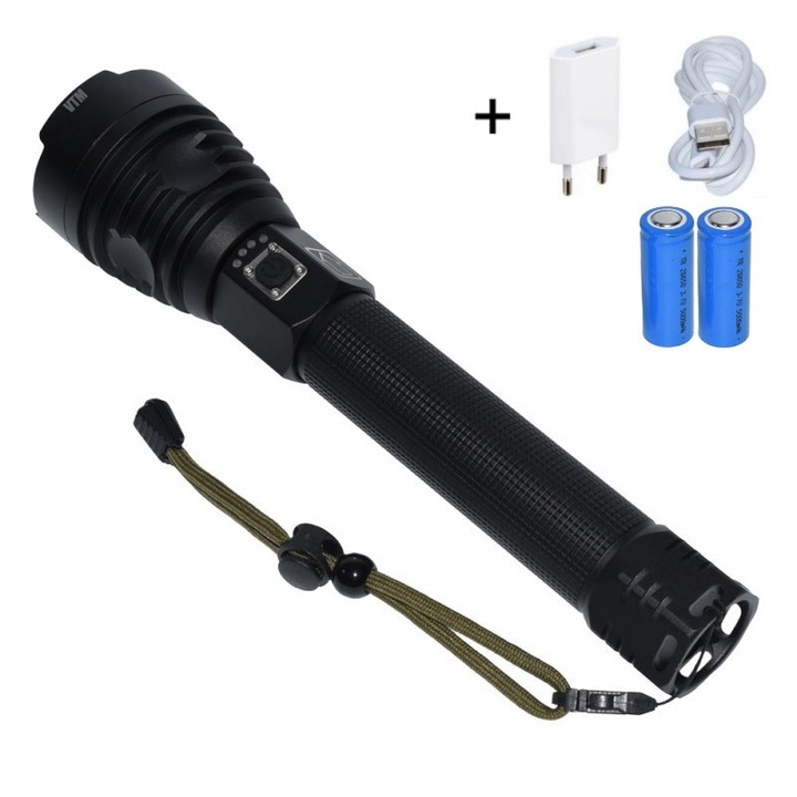 Lanterna Profesionala LED XHP90 cu Incarcare USB Tip C si Acumulatori Inclusi – Afisaj Baterie, Iluminare 500m pentru Camping, Pescuit si Vanatoare, Negru