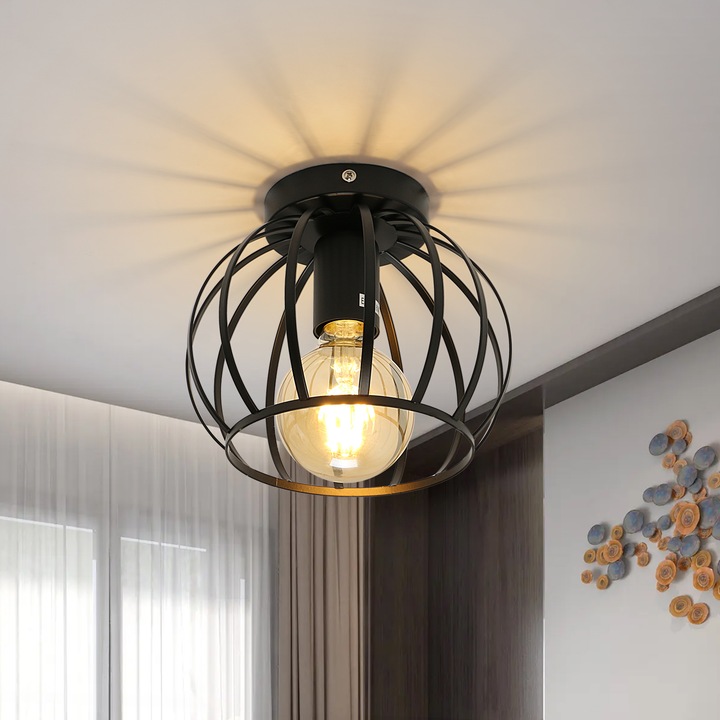 Lustra De Tavan Vintage, Toolight, Cusca Din Metal Negru, E27, Pentru Dormitor, Sufragerie, Intrare, Balcon, Hol
