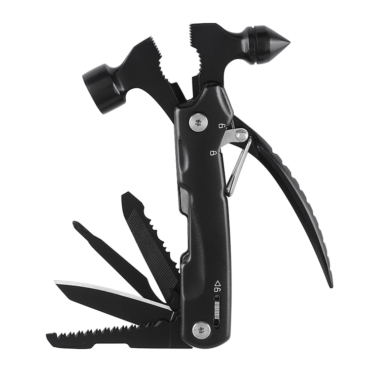 Set de instrumente multiple, otel inoxidabil, 12 in 1, ciocan, cleste, surubelnita Phillips, ferastrau, cutit, deschizator de sticle, 13,5 cm, negru
