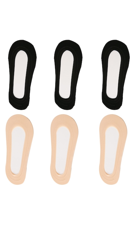 Női zokni, SINBINTA, 6 pár, egy méret, láthatatlan rövid, talptípus, 360°-os csúszásgátló kialakítás, légáteresztő, izzadságelnyelő, nagy rugalmasság, deformációálló, nejlon/spandex/pamut, fekete/krém