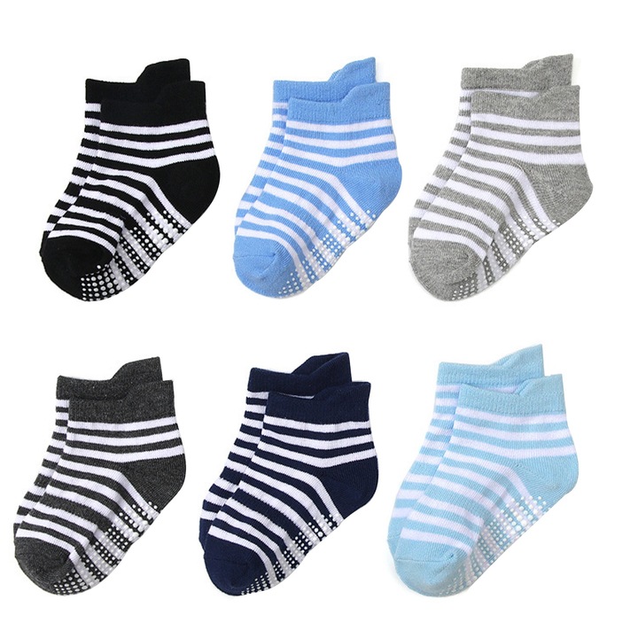 Sosete scurte, SINBINTA, Cu talpa aderenta, 6 perechi, Dunga, Design anti-alunecare, Respirabil, Absorbant de transpiratie, Elasticitate ridicata, Multicolor, Multicolor