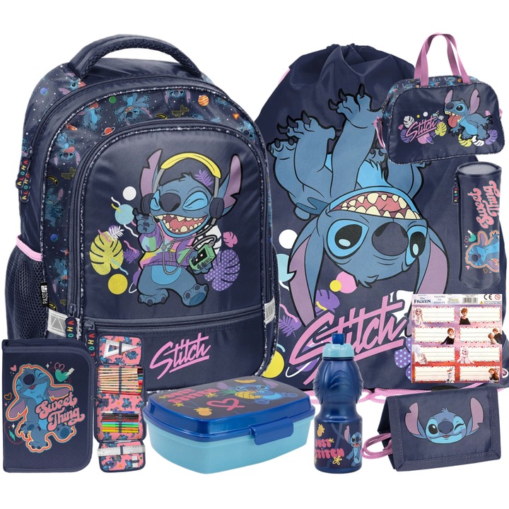 Set rucsac scoala, penar, sac pentru pantofi, stickere, cutie pentru pranz, sticla de apa, geanta sport, portofel, penar tubular Lilo & Stitch, negru
