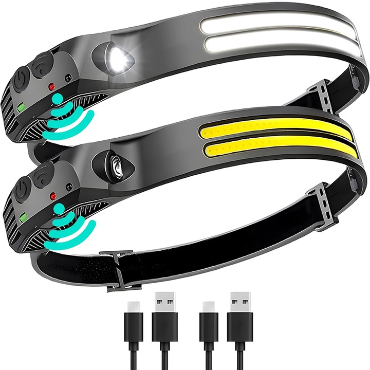 Lanterna Frontala Rqiurpn, Dual LED, Senzor de Miscare, Rezistenta la Apa IPX5, acumulator 1200mah, Auriu|Negru, 31x3.2x3.2cm