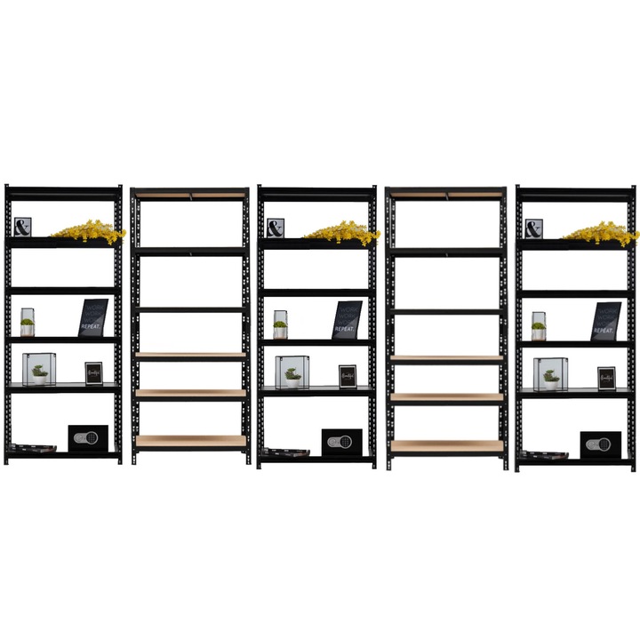 Стелаж от 5 части Handlekraft®, Тесен, 220 x 90 x 60 cm, 6 MDF рафта, 175 kg/рафт, висок метален рафт за лесно съхранение, монтаж с щипка, черно/стомана