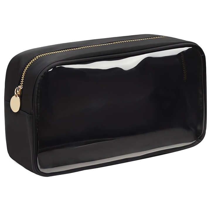 Geanta cosmetice transparenta, impermeabila, cu fermoar, negru, 24x5x13cm