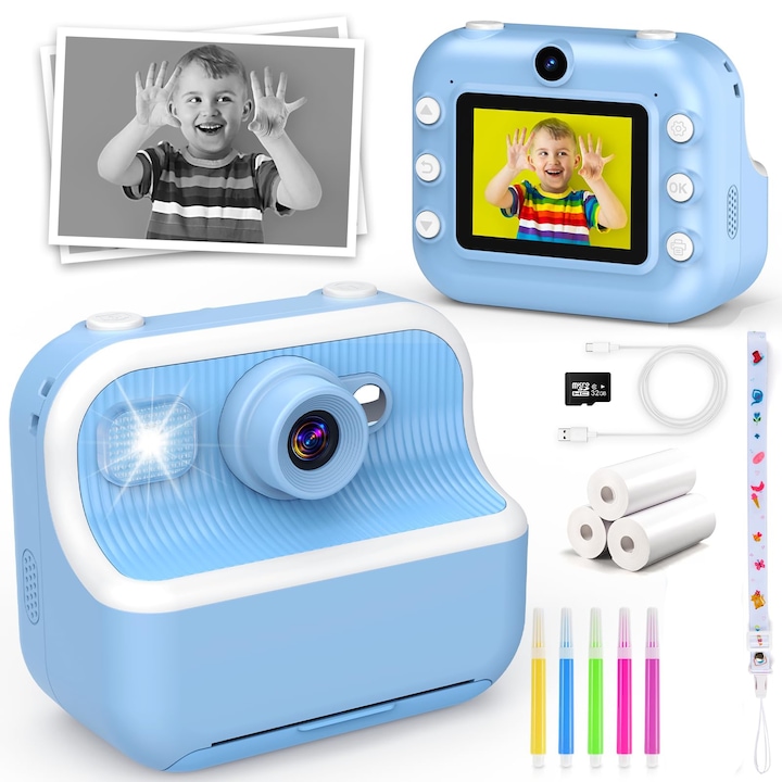 Aparat foto instant pentru copii WALALLA, Video 1080P, Foto 12MP, 32GB, Albastru, 3-12 ani