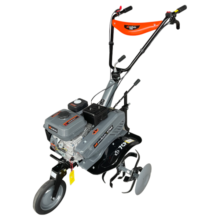 Мотофреза Evotools PLUS T704, Бензинова, Мощност 7 к.с., 212 CC, 4-тактов двигател, 2+1 скорости, Работна ширина 56-83 см, Работна дълбочина 10-29 см, Съдържа: фрези 24 ножа + транспортно колело + 2 гумени колела
