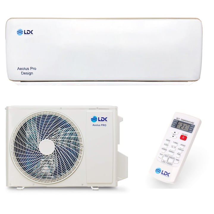 Aparat de aer conditionat LDK Aeolus ProDesign 13.6, Clasa A++, Putere 4 kW, Inverter, Putere maxima 13.600 BTU, Inverter, Anti mucegai, SelfClean, Sleep, Eco, Timer, Wi-Fi, Self Diagnosis, Turbo, Afisaj LED