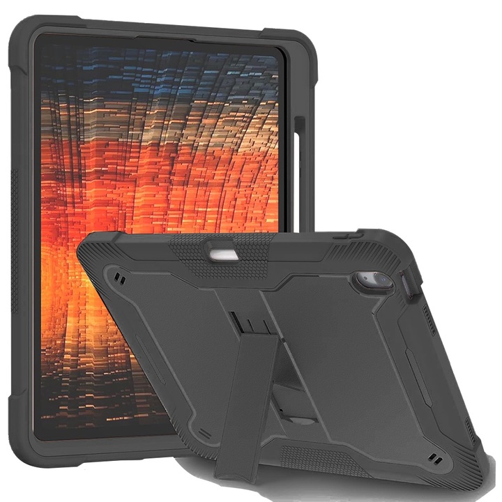 Husa pentru iPad Air 13 2024 + Folie, R600, Policarbonat, TPU, Sticla securizata, Silicon, Black