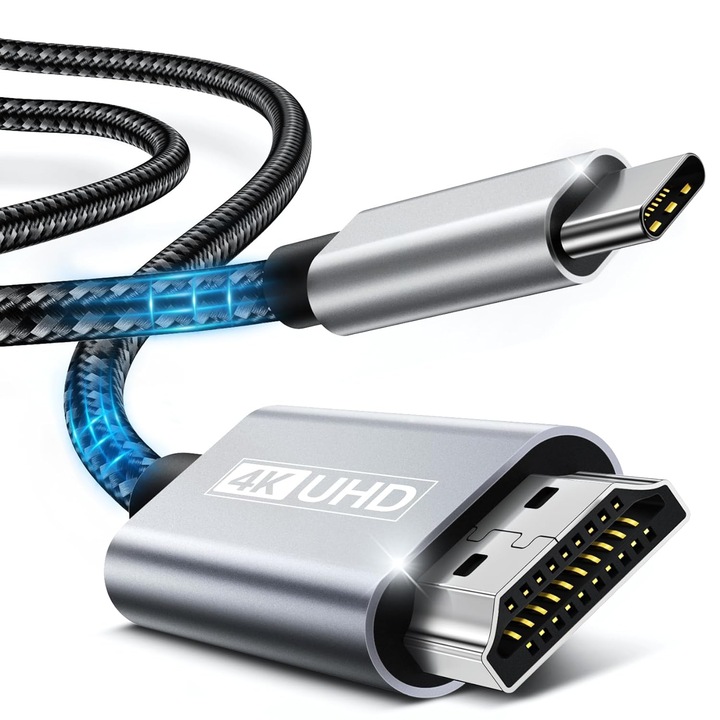 USB Type C към HDMI 4K UHD кабел, 2 м, съвместим с iPhone 15 Pro, MacBook, iPad Pro, Galaxy S23, Surface Book 2, Dell XPS, издръжлив, черен