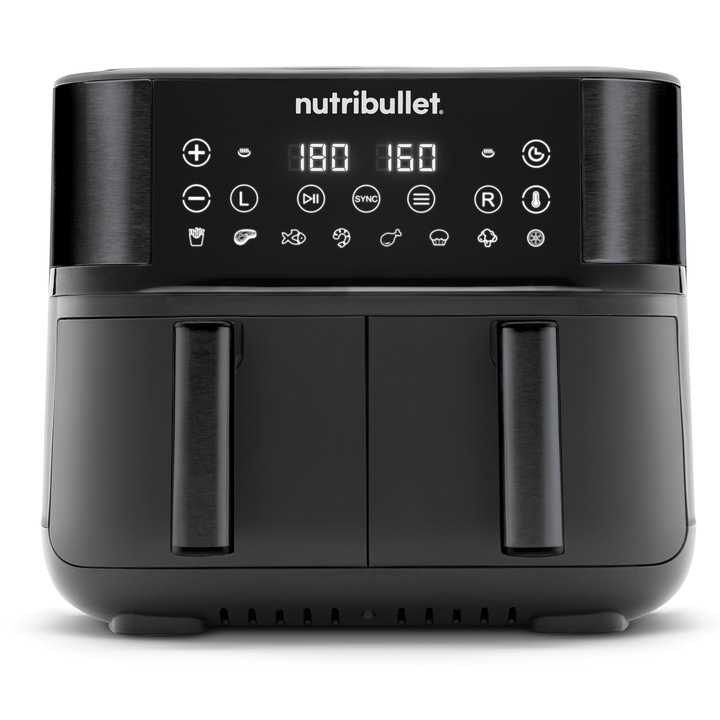 Friteuza dubla fara ulei Nutribullet Twin Drawer Air Fryer NBA081B, 2850 W, 2 sertare x 4L, 8 programe presetate, Afisaj digital, Negru