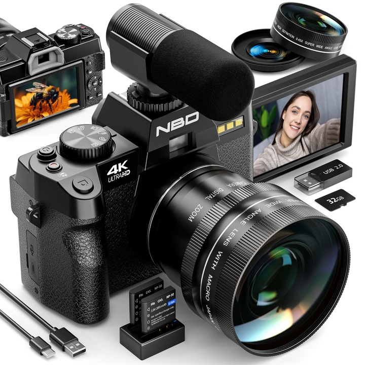 Aparat foto Digital NBD®, 4K, 48MP, 3.0 inch IPS, 32GB SD Card, 2 Baterii, Negru