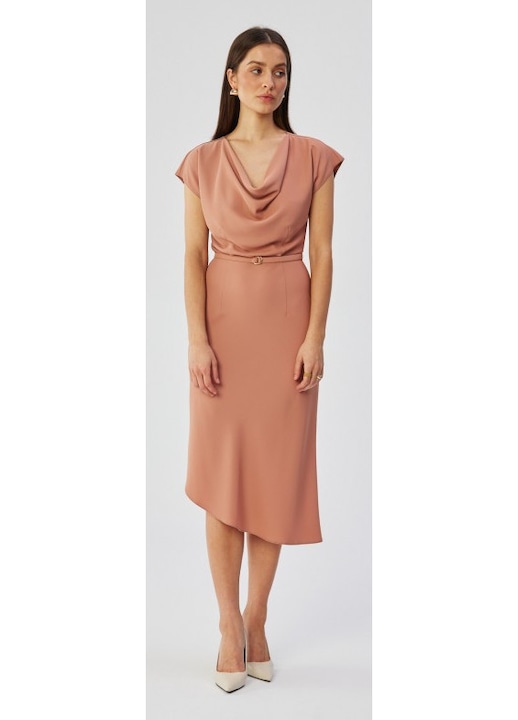 Rochie dama, asimetrica cu decolteu in cascada, Poliester, Rosu, Roz