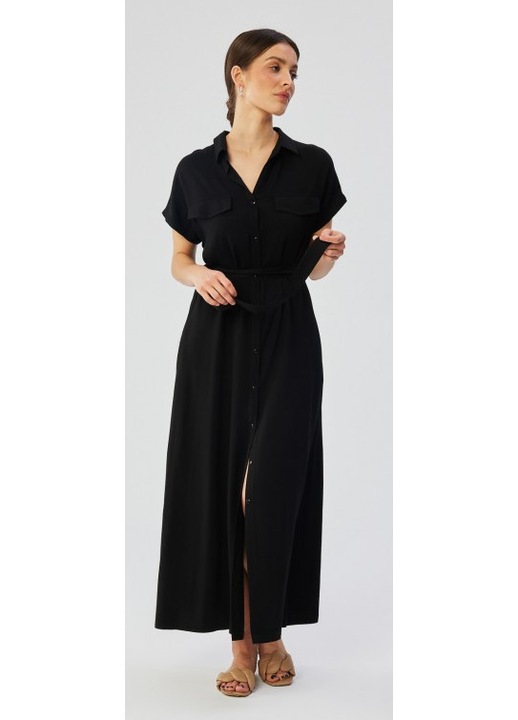 Rochie dama, maxi cu maneci scurte si maneci deschise, Poliester, Negru, Negru