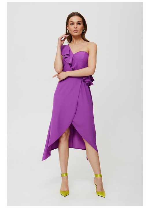 Rochie dama, cu volane pe un umar, Poliester, Negru - 969785, Lavanda