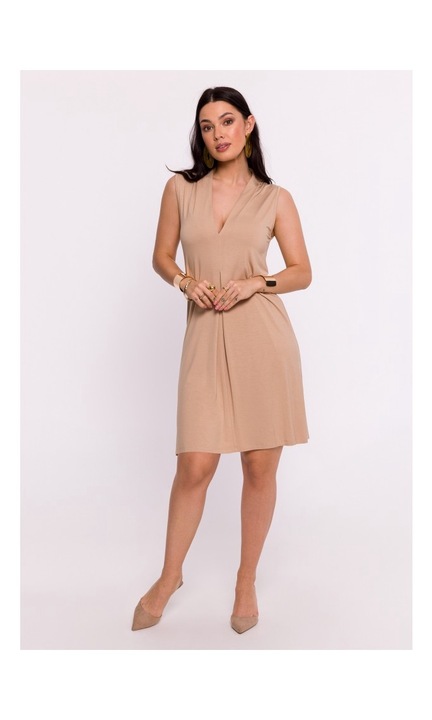 Rochie din vascoza cu pliu scurt, BeWear, Cappuccino