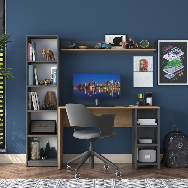 Birou cu Biblioteca, model 46769, 160x161.8x45 cm, Nuc/ Antracit